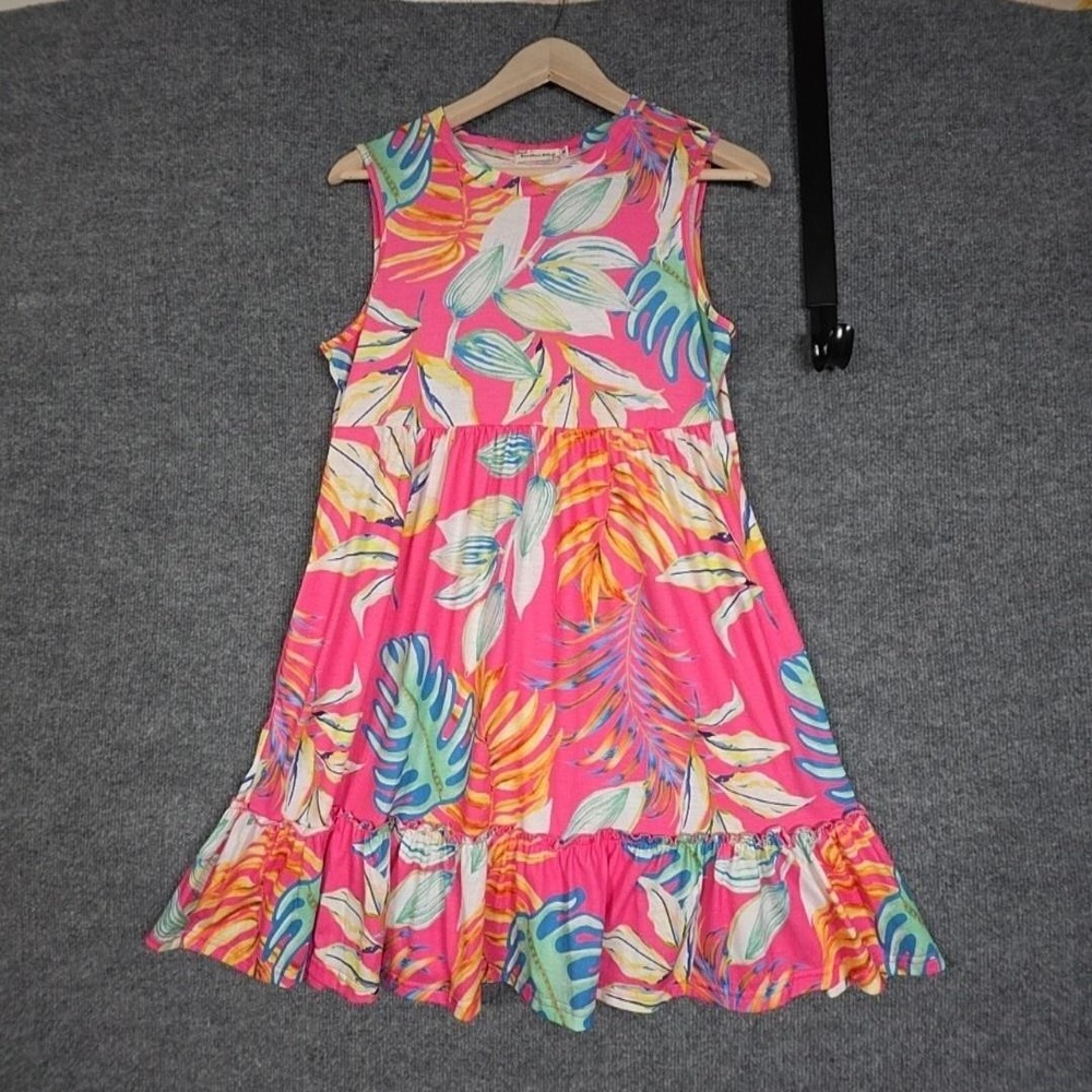 Southern Stitch Dress Womens M‎ Pink Tropical Floral Ruffle Swing Short Sundress
